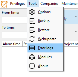 tools->error logs